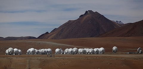 Parabolic antennas of the ALMA (Atacama Large Millimetre/Submillimetre Array) project are seen at the El Llano de Chajnantor in the Atacama desert, some 1730 km (1074 miles) north of Santiago and 5,000 metres above sea level.  