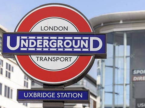 A roundel sign at Uxbridge London Underground Station in London, UK.