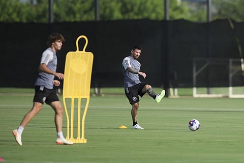 Inter Miami forward Lionel Messi passes the ball during practice at Florida Blue Training Centre on Monday.