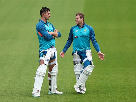 Australia's Pat Cummins and Steve Smith during a training session at The Oval in London on Wednesday.