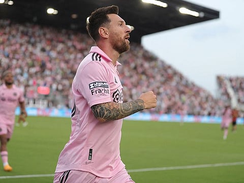  Lionel Messi #10 of Inter Miami CF celebrates after scoring a goal in the first half during the Leagues Cup 2023 match between Inter Miami CF and Atlanta United at DRV PNK Stadium on July 25, 2023 in Fort Lauderdale, Florida. 
