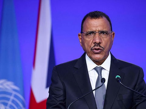 Niger's President Mohammad Bazoum presents his national statement as part of the World Leaders' Summit of the COP26 UN Climate Change Conference in Glasgow on November 1, 2021. 