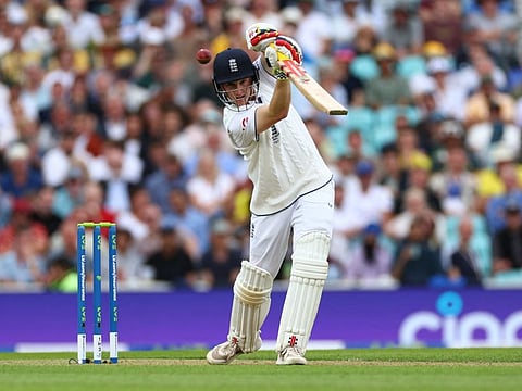 England's Harry Brook Cricket powers a cover drive against Australia at The Oval, London on Thursday.