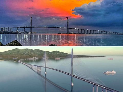 MEGA BRIDGE PROJECTS: A view of the $604 million Cebu-Cordova Link Expressway (CCLEX, above) in central Philippines completed in 2022. An artist’s view of the $3.2-billion Bataan-Cavite Interlink Bridge (below) planned to cross Manila Bay, set to cut travel from 5 hours to a few minutes between the two provinces, and bypassing Manila, due in 2028.
