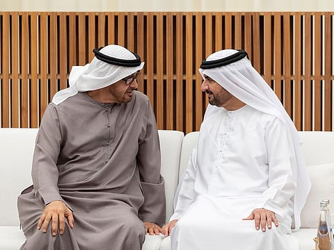 Sheikh Abdullah bin Salem Al Qasimi, Deputy Ruler of Sharjah offers condolences to President His Highness Sheikh Mohamed bin Zayed Al Nahyan on the death of the late Sheikh Saeed bin Zayed Al Nahyan, at Al Mushrif Palace. --