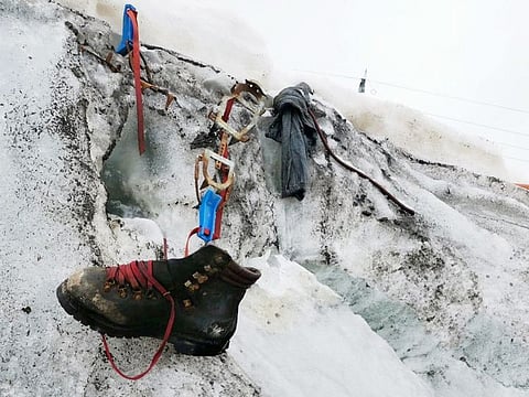 A boot that belonged to a German climber who disappeared while hiking along Switzerland's Theodul Glacier in 1986 is pictured in Zermatt, Switzerland.  