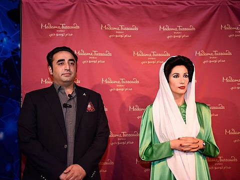 Pakistan Foreign Minister Bilawal Bhutto Zardari during the unveiling of wax figure of former Pakistan Prime Minister Benazir Bhutto at the Madame  Madame Tussauds in Dubai on Sunday