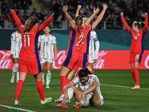 Norway players celebrate their win over Philippines during the Women's World Cup Group A match at Eden Park in Auckland on Sunday.