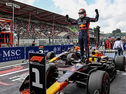 Red Bull Racing's Dutch driver Max Verstappen celebrates in the parc ferme after winning the Belgian Grand Prix at the Spa-Francorchamps Circuit in Spa on Sunday.