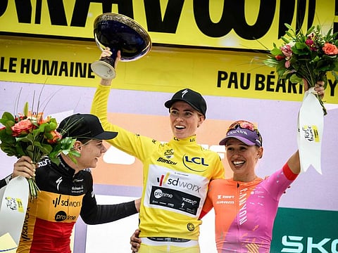 Team SD Worx's Belgian rider Lotte Kopecky (left), Team SD Worx's Dutch rider Demi Vollering wearing the overall leader's yellow jersey (centre) and Canyon SRAM Racing's Polish rider Katarzyna Niewiadoma celebrate on the general ranking podium on Sunday.