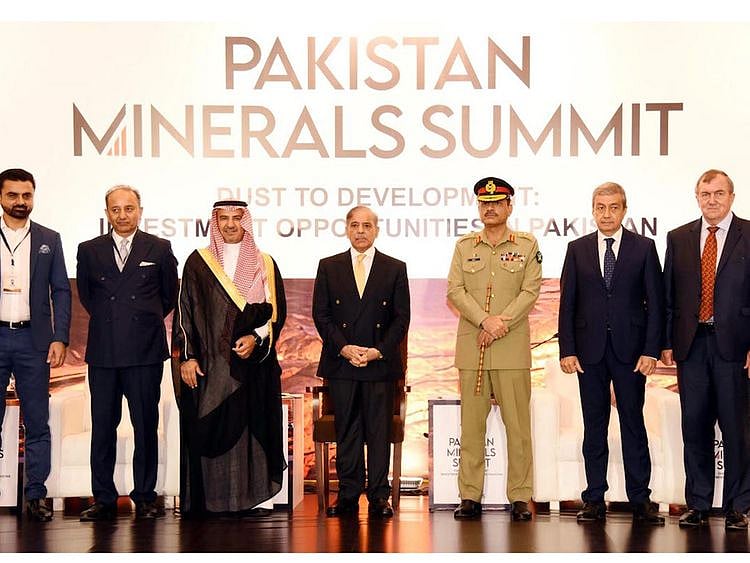 Pakistan Prime Minister Shehbaz Sharif (centre) along with Pakistan Army Chief General Syed Asim Munir, Saudi Vice Minister for Mining Affairs Engineer Khalid bin Saleh Al Mudaifer and other foreign dignitaries at Pakistan Mineral Summit held in Islamabad on August 1, 2023.  