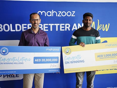 Sachin (left) winner of Dh20 million and Gowtham winner of Dh1 million at Mahzooz draw. Photo: Clint Egbert/Gulf News