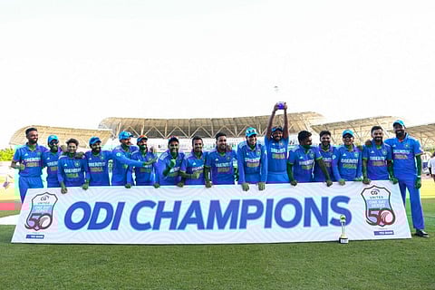 Team India pose after winning the third and final ODI match against West Indies at Brian Lara Cricket Academy in Tarouba, Trinidad and Tobago, on Tuesday.