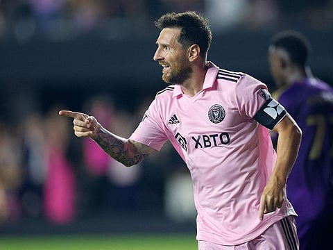 Lionel Messi of Inter Miami CF celebrates after scoring a goal during the Leagues Cup 2023 Round of 32 match against Orlando City SC at DRV PNK Stadium on August 02, 2023 in Fort Lauderdale, Florida.   