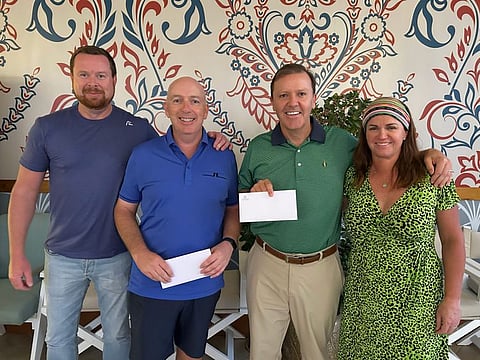Thursday Curry Club Winning Photo, Alan McNamara and James Finnigan with Jonathan Hall JGE Mens Captain (left) and Evelyn Downham JGE Ladies Captain (right)