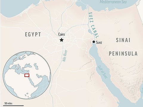 This is a locator map for the Suez Canal and the Sinai Peninsula in Egypt, with its capital, Cairo. 
