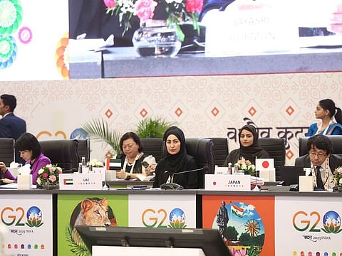 Hanan Mansour Ahli (centre), head of the UAE Gender Balance Council delegation, at the G20 Ministerial Conference on Women’s Empowerment in Gujarat, India