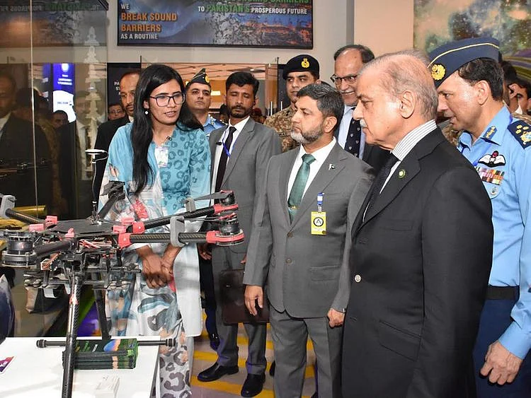 Pakistan Prime Minister Shehbaz Sharif visiting exhibits after inaugurating the National Aerospace Science and Technology Park (NASTP) in Rawalpindi. Pakistan’s army chief and air chief also joined the launch ceremony held in early August 2023.  