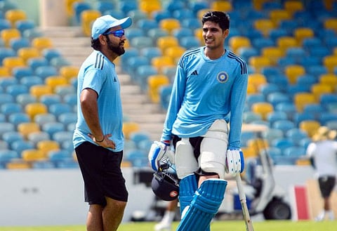 India's skipper Rohit Sharma along with Shubman Gill takes part in a practice session at Kensington Oval in Bridgetown.