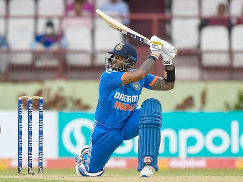 Suryakumar Yadav hits a boundary during the third T20I match against West Indies at Guyana National Park in Georgetown, Guyana, on August 8, 2023. 