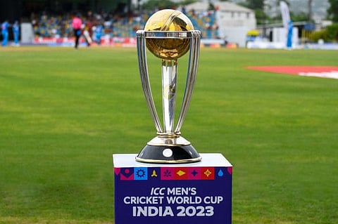 The International Cricket Council (ICC) Men's Cricket World Cup Trophy on display during the seconnd ODI match between West Indies and India at Kensington Oval in Bridgetown.