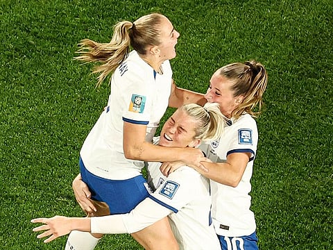 England's forward Alessia Russo (C) celebrates scoring her team's second goal during the 2023 Women's World Cup quarter-final football match against Colombia at Stadium Australia in Sydney on August 12, 2023. 