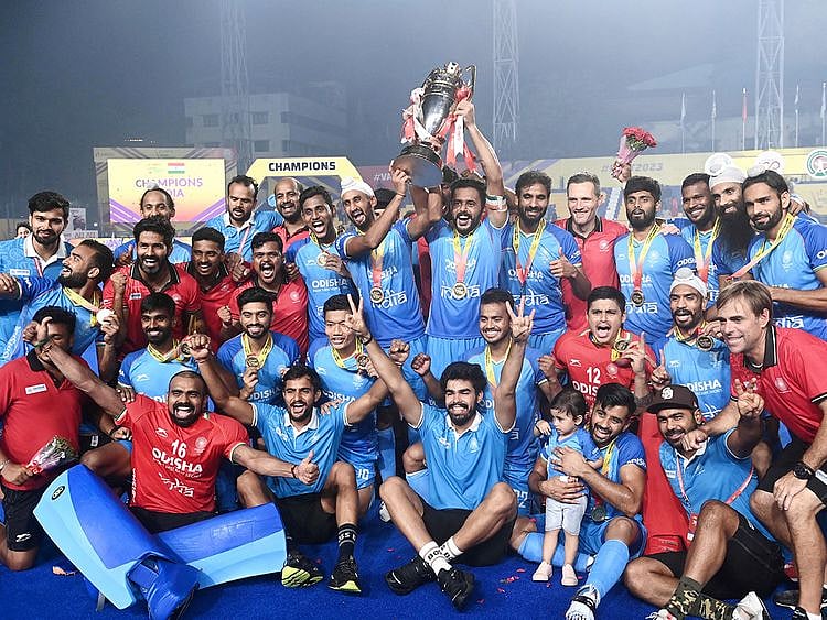 Indian players celebrate after winning the Asian Champions Trophy 2023 hockey tournament