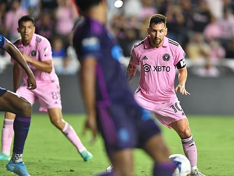 Inter Miami forward Lionel Messi (10) scores a goal against Charlotte FC during the second half of a Leagues Cup soccer match Friday, Aug. 11, 2023, in Fort Lauderdale