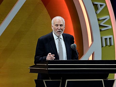 Gregg Popovich gives his speech as he is inducted into the 2023 Basketball Hall of Fame at Symphony Hall.