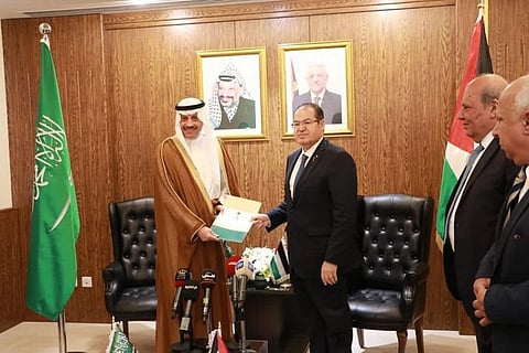 Palestinian President Mahmoud Abbas’s diplomatic adviser Majdi Al Khalidi receiving a copy of the credentials of Ambassador Nayef Al Sudairi as a non-resident envoy.