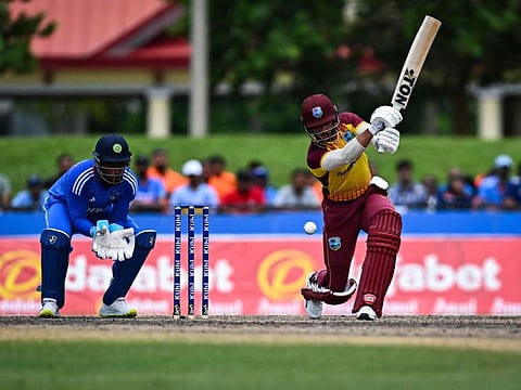Brandon King of West Indies in action during the fifth and final T20I match against India at the Central Broward Regional Park in Lauderhill, Florida, on Sunday.