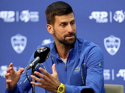 Novak Djokovic of Serbia fields questions from the media during the Western & Southern Open at Lindner Family Tennis Centre on Sunday.