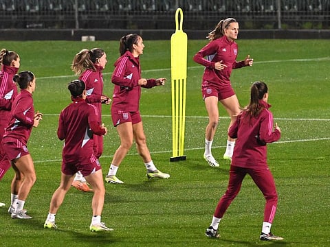 Spain's players attend a training session at the North Harbour Stadium in Auckland on Monday, ahead of the 2023 Women's World Cup semi-final match against Sweden.
