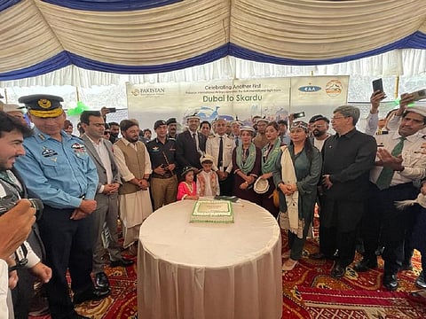 Pakistan International Airline launched on Monday the first international flight from Dubai, UAE to Skardu, in Pakistan. This allows tourists from Dubai to reach the scenic valleys, cold desert and the highest mountain ranges, including K-2, within three hours. Officials at the Skardu International Airport reception marking the inaugural flight.