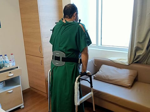 Muhammad Nouman Khan at the Aster Hospital Qusais, where he underwent a surgery to remove the tumour in his spine and was subsequently put under a physiotherapy regime to restore the movement of his legs. 