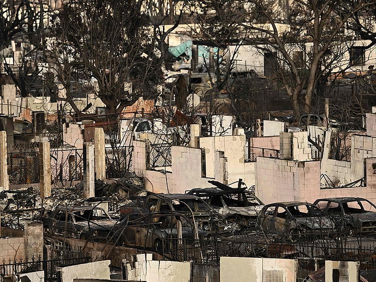 Destroyed homes and businesses in the aftermath of the Maui wildfires in Lahaina, Hawaii on August 16, 2023.