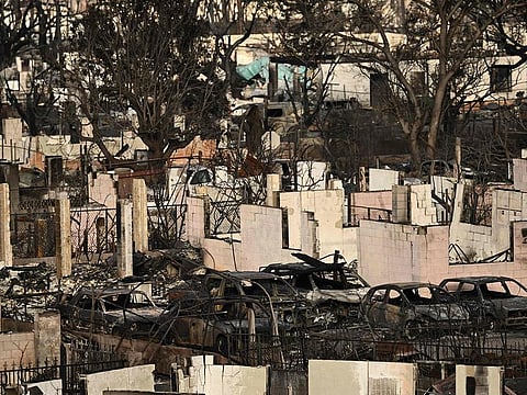 Destroyed homes and businesses in the aftermath of the Maui wildfires in Lahaina, Hawaii on August 16, 2023.