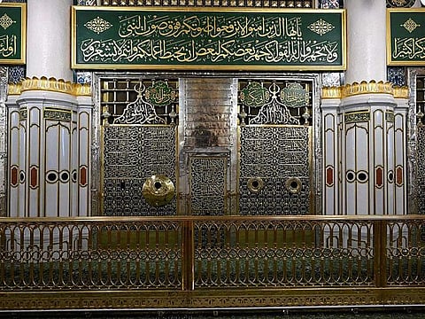 A brass barrier recently installed around the Sacred Chamber at the Prophet's Mosque in Medina. 