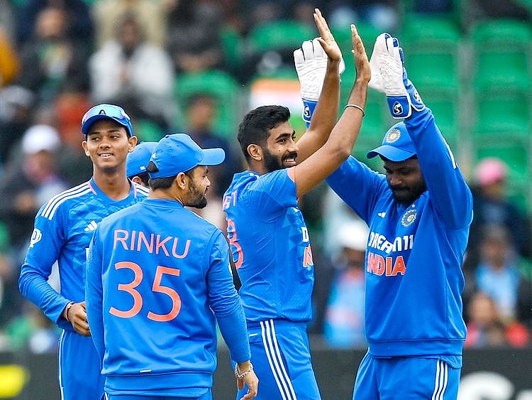 India's skipper Jasprit Bumrah celebrates a wicket