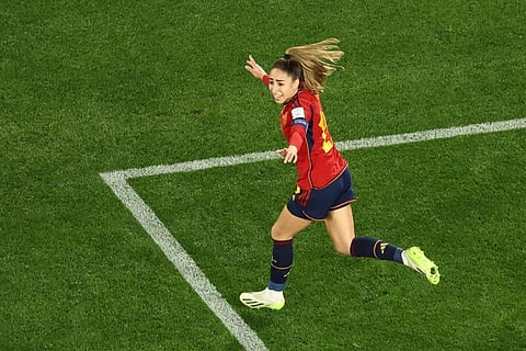 Spain's defender Olga Carmona celebrates after scoring Spain's only goal against England during the Women's World Cup final at Stadium Australia in Sydney on Sunday.