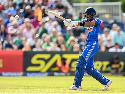 India's Ruturaj Gaikwad pulls a shot during the second T20I against Ireland at The Village in Dublin on Sunday. 