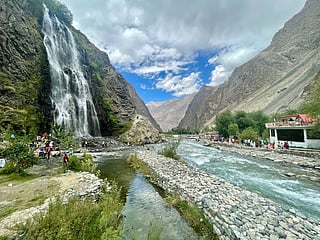 A breathtaking view of the Manthoka Waterfalls located in Khrmang valley, some 50km from Skardu city in Gilgit. The waterfall surrounded by lush green pastures, rocky mountains and fresh water streams with crystal clear water, has a mystic quality. 