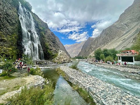 A breathtaking view of the Manthoka Waterfalls located in Khrmang valley, some 50km from Skardu city in Gilgit. The waterfall surrounded by lush green pastures, rocky mountains and fresh water streams with crystal clear water, has a mystic quality. 