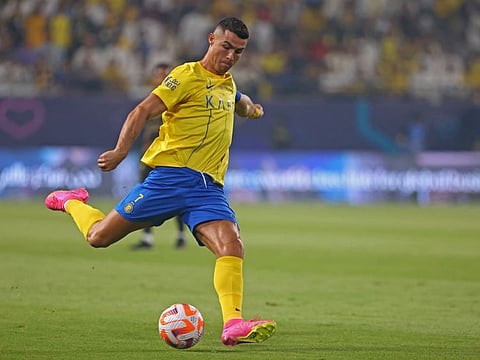 Al Nassr's forward Cristiano Ronaldo in action during the Saudi Pro League match against Al Taawoun at King Saud University Stadium in Riyadh on August 18.