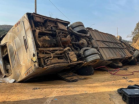 Handout picture released by Minas Gerais Firefighters showingand overturned bus after an accident involving fans of Brazilian football team Corinthians on a highway in Igarape, metropolitan area of Belo Horizonte, Minas Gerais State, Brazil, on August, 20, 2023.