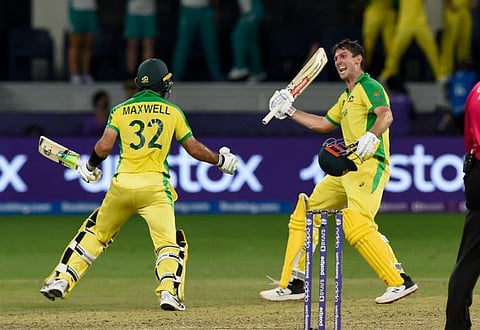 Australian players, Mitchell Marsh and Glenn Maxwell, celebrate after winning the final of T20 World Cup in Dubai in 2021. Marsh is set to start a new innings as skipper in shorter formats.