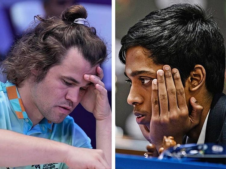 A combination photo showing Magnus Carlsen, left and Praggnanandhaa, right. 