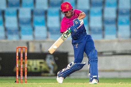 UAE's Aryansh Sharma takes the aggressive route during the first T20 match against New Zealand at the Dubai International Cricket Stadium on August 17.