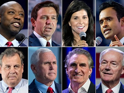 Republican presidential candidates, top row from left: Tim Scott, Ron DeSantis, Nikki Haley, and Vivek Ramaswamy, bottom row from left: Chris Christie, Mike Pence, Doug Burgum and Asa Hutchinson.  