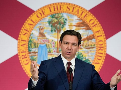 DeSantis speaks during a news conference in Miami.